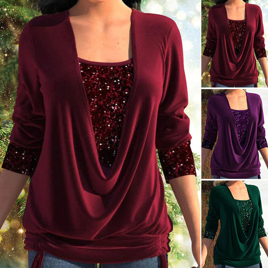 🎁 SISTA DAGSREA-49% RABATT 🎁 Sequins-Lös Smockad Falsk Two-Piece Topp - Stilfull och Mångsidig, Bekväm och Formfull, Utstrålar Elegant Kvinnlig Charm!
