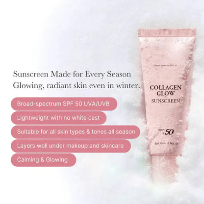 🌸 Kollagen solskydd 🌸 | SPF 50 bredspektrum solskydd för ansiktet | Lätt, inte klibbig, återfuktande formula | Ingen vit film eller rester | Peptider och cica för lugnande och naturlig glöd