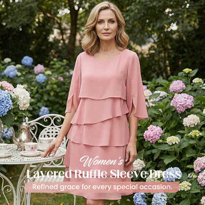 Elegant klänning med lager på lager och volangärmar för kvinnor