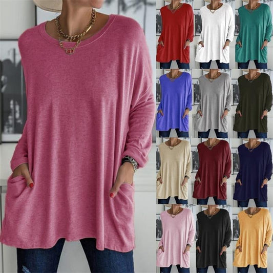 🔥Rund hals Långärmad lös ficka Solid T-shirt