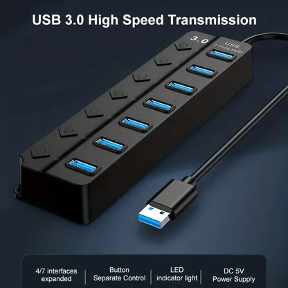 Fristående USB-fördelare med strömbrytare