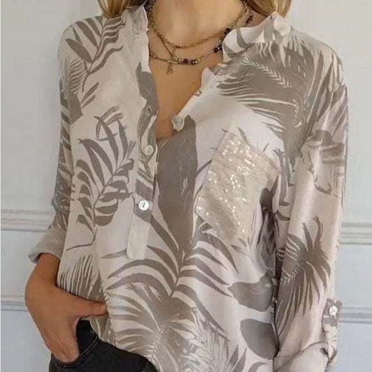 🌸V-ringad topp med tryck för dammode