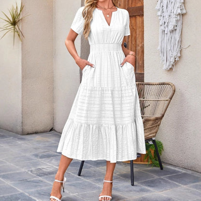 🔥🎁Nyhet 50 % RABATT🔥🔥Kortärmade V-neckade långklänningar för kvinnor med kort ärm👗