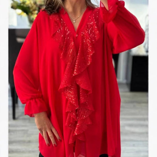 👚 50 % RABATT NU! ✨ Damtop i chiffong med V-ringning och paljetter – långa ärmar, elegant glans och perfekt för kvällstillfällen 🌙