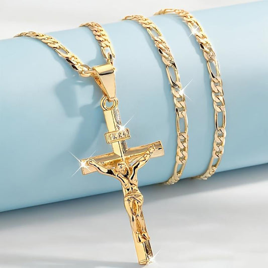 ✝️✨ Guldkrucifixhalsband – Detaljerat INRI-motiv, justerbar figarokedja och glittrande finish 💛