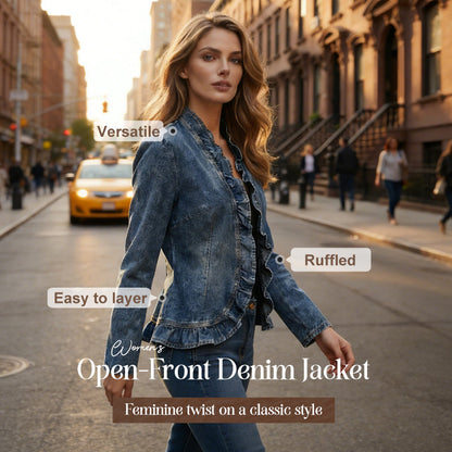 🧥 50% RABATT NU! 🌸 Dam Denimjacka med Volang & Öppen Framsida – Lättviktig & Feminin – Mångsidig & Chic 👗