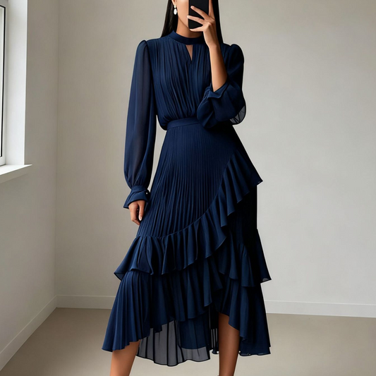 👗💕 50% RABATT! Begränsad Tid | Damernas Midi-klänning med Nyckelhålshals & Volangkant