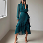 👗💕 50% RABATT! Begränsad Tid | Damernas Midi-klänning med Nyckelhålshals & Volangkant