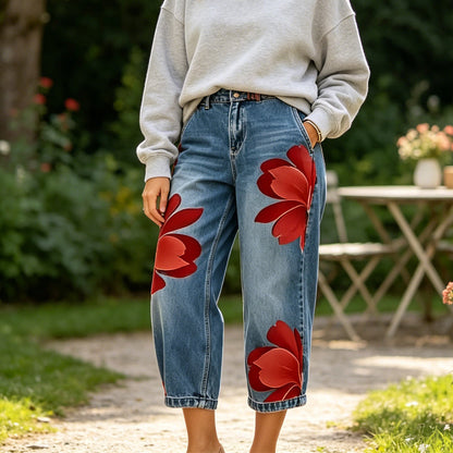 👖 BEGRÄNSAD TID 50% RABATT! ✨ Damjeans med vida ben och blommönster – Unika applikationer, mjuka, 6 färger 🌸