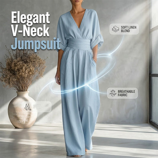 🔥 50% RABATT 👗 Elegant dam-jumpsuit med V-ringning ✨ hög midja & vida ben – smickrande, luftig & perfekt för sommarstil 🌿