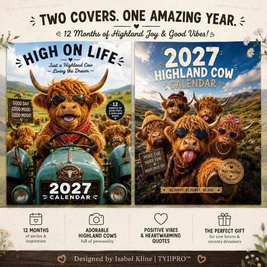 🐮2027 Highlandko Väggkalender – Rolig A4 Kalender för Hemmet | Designad av Isabel Kline🎨📆