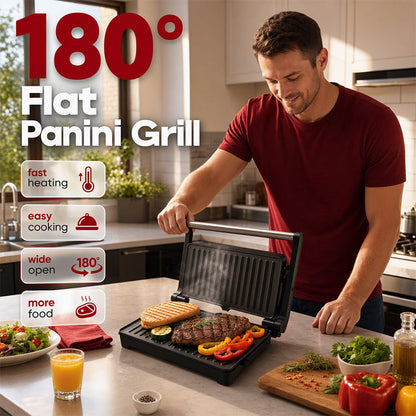 Elektrisk smörgåsgrill och paninimaskin med 180-graders plattgrill