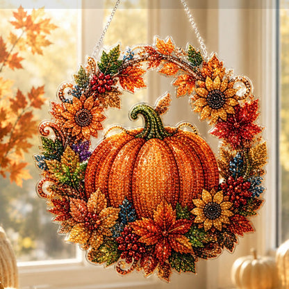 🍂 50% RABATT NU! Höstlig pumpakrans i diamanter – komplett DIY-kit med akrylbas, färgkodade pärlor & upphängningskedja – perfekt för höst- och skördeinredning 🎃✨