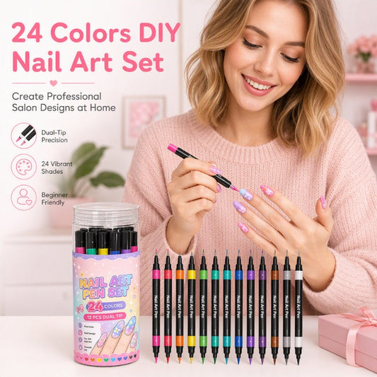 📢📢50% RABATT !!⏰️ 24 färger dubbeländade nagelkonstpennor set