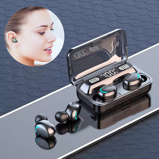 9D HiFi Stereo Trådlös Bluetooth-hörlur i örat, LED-display och vattentät