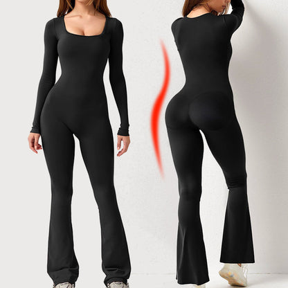 [Present till henne] Långärmad jumpsuit med fyrkantig hals och vida ben för kvinnor